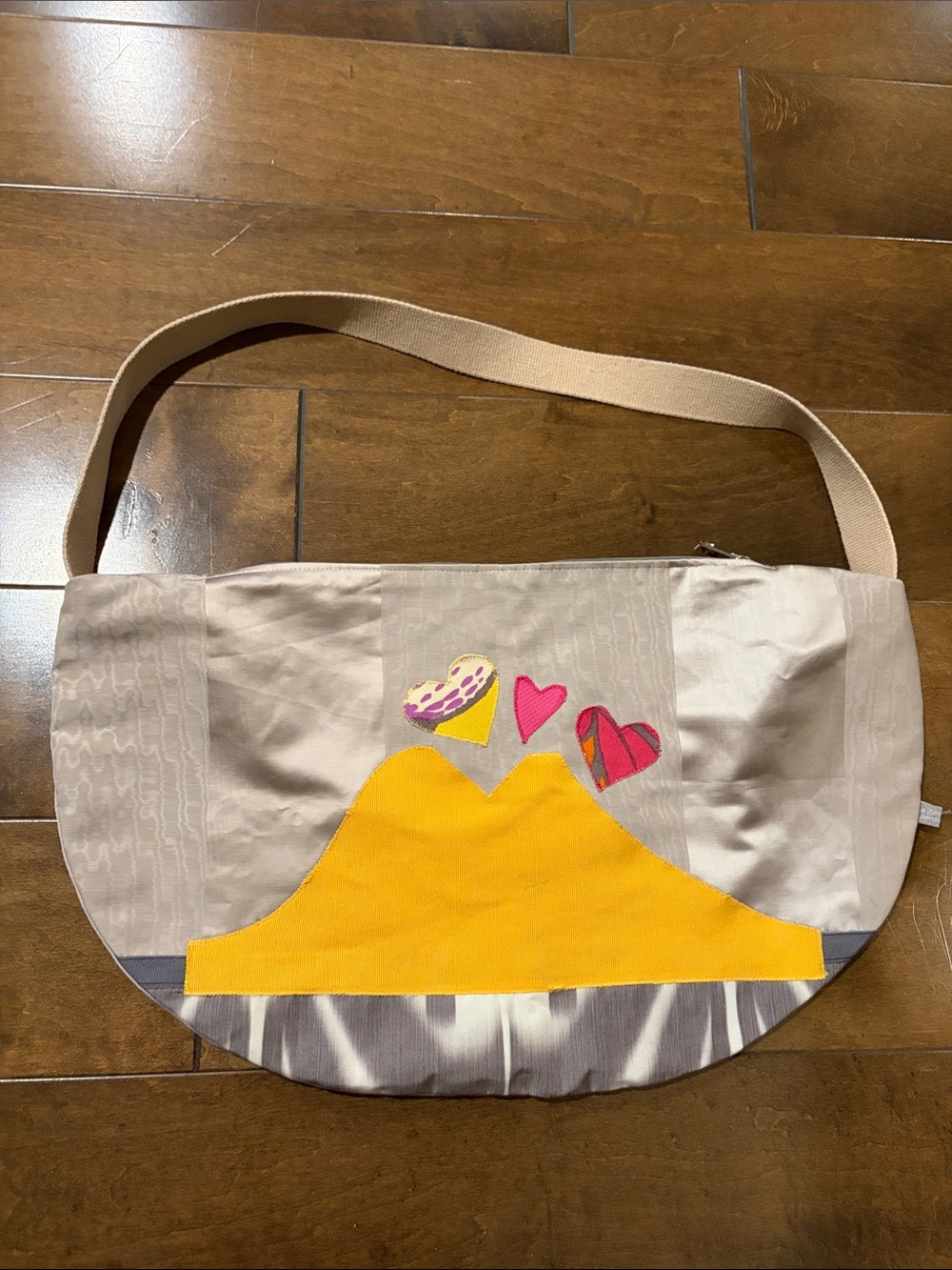 Womens Beige Shoulder Bag with Yellow Appliqué and Heart Accents